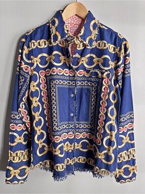 Tizzie Chain Print Linen Blend Frayed Hem Button Up Shirt Small